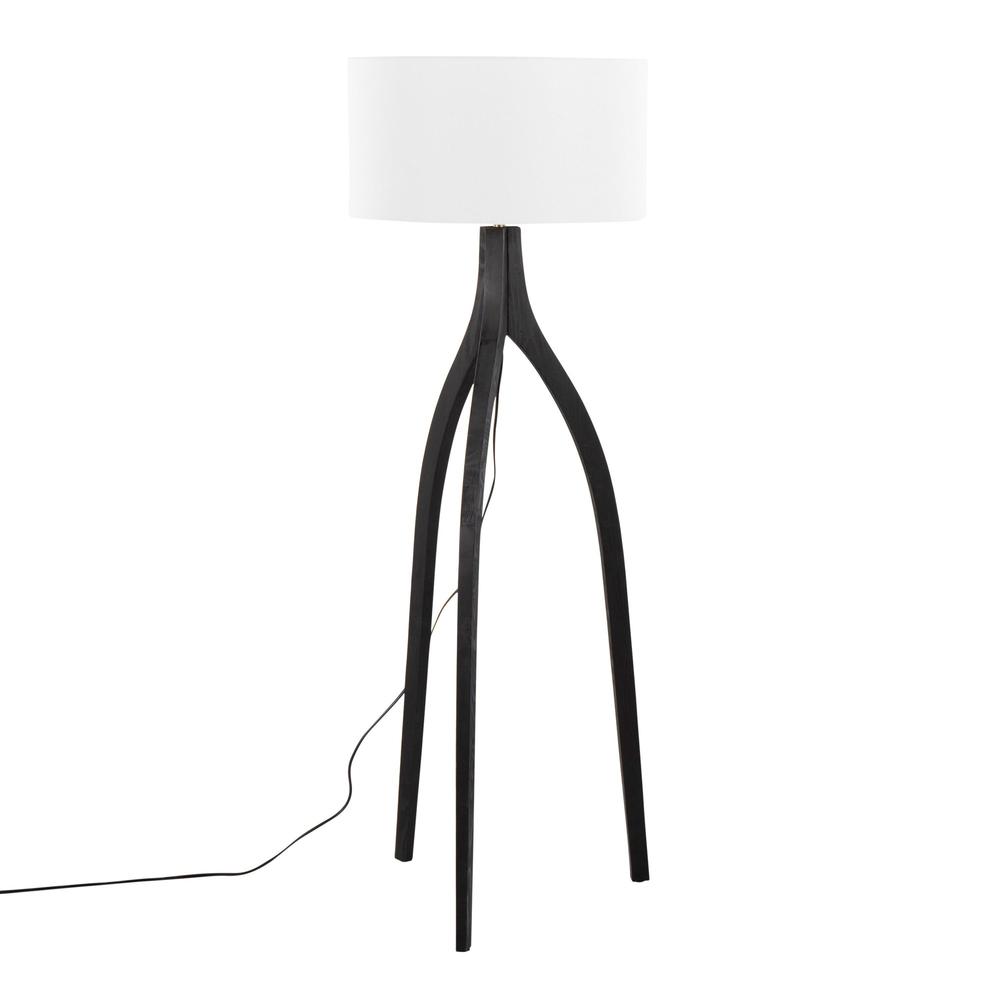 Black Wood, White Fabric Wishbone Floor Lamp. Picture 1