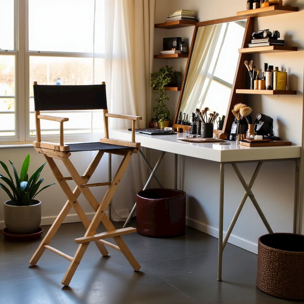 Foldable Director Chair with Natural Wood Frame and Black Canvas. Picture 2