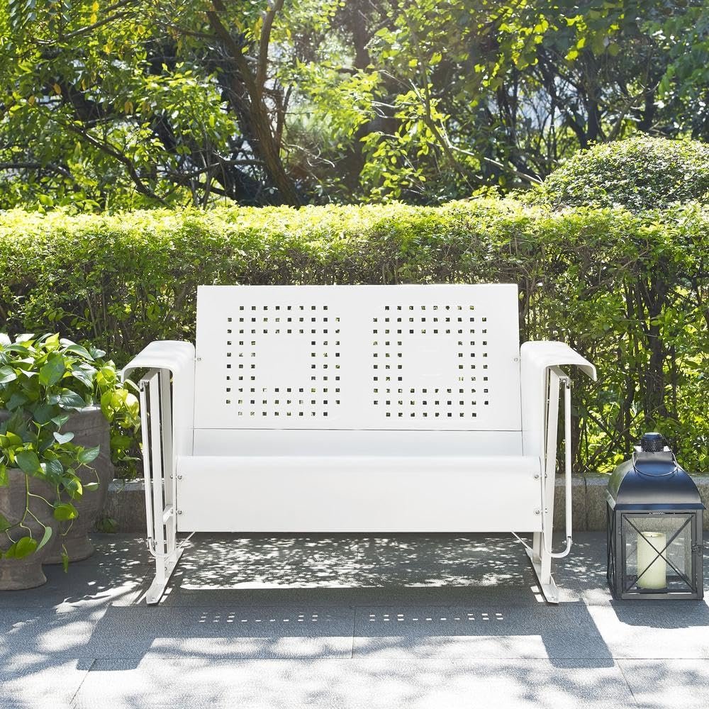 White loveseat glider with armrest and sturdy frame for outdoor patio relaxation. Picture 3