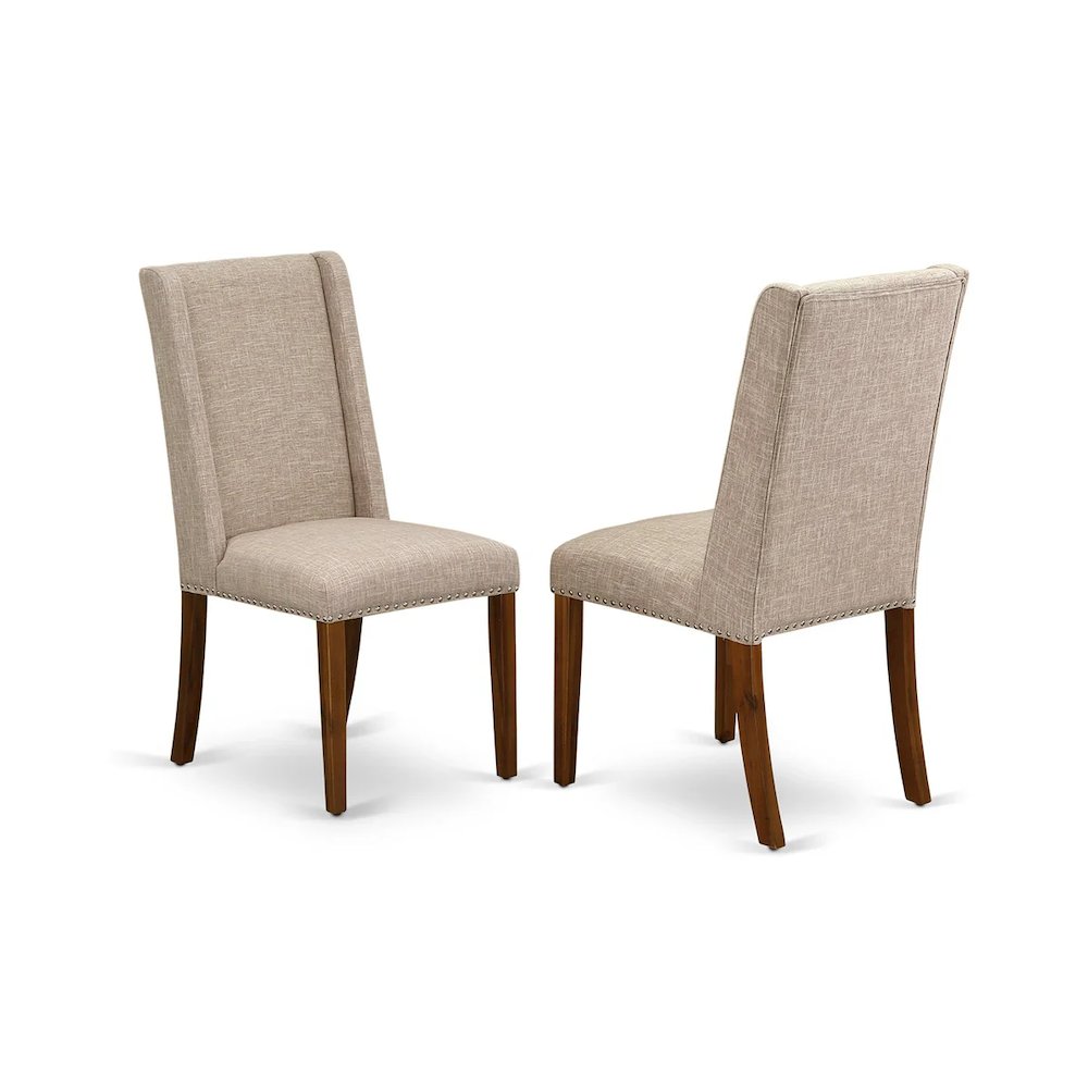 3 Piece Kitchen Table Set Contains a Round Dining Room Table with Pedestal and 2 Light Tan Linen Fabric Upholstered Chairs, 36x36 Inch, Natural. Picture 2