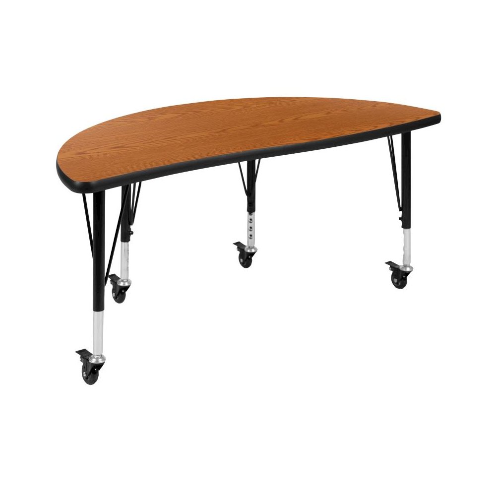Mobile 47.5" Half Circle Wave Flexible Collaborative Oak Thermal Laminate Activity Table - Height Adjustable Short Legs. Picture 1