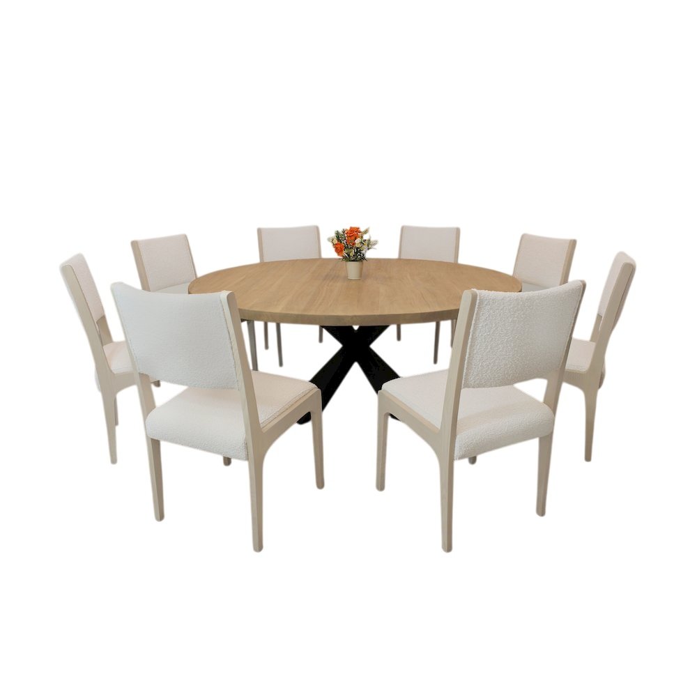 9-Piece 72" Dining Set 8 Ash Dining Chairs in Ivory Boucle Linen Fabric. Picture 1