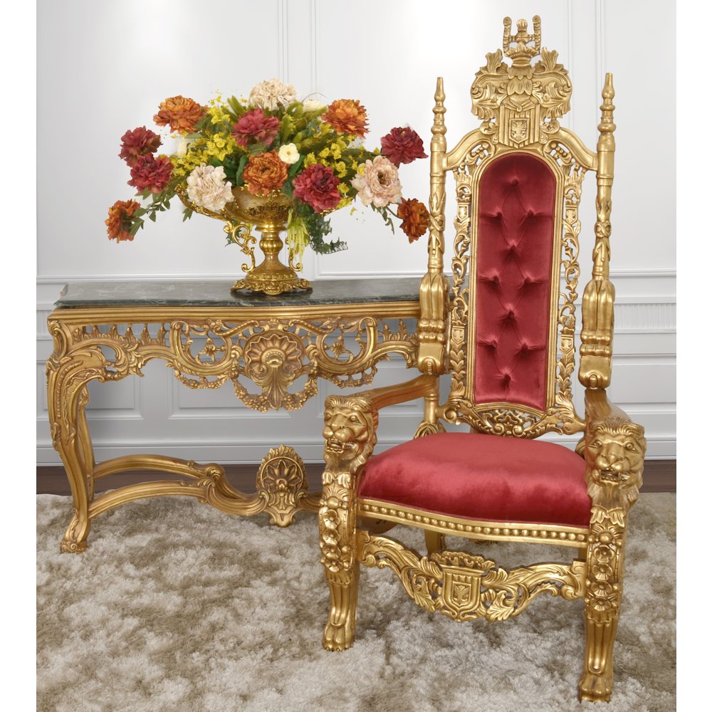 King Chair in Gold Leaf and Burgundy Velvet. Picture 1