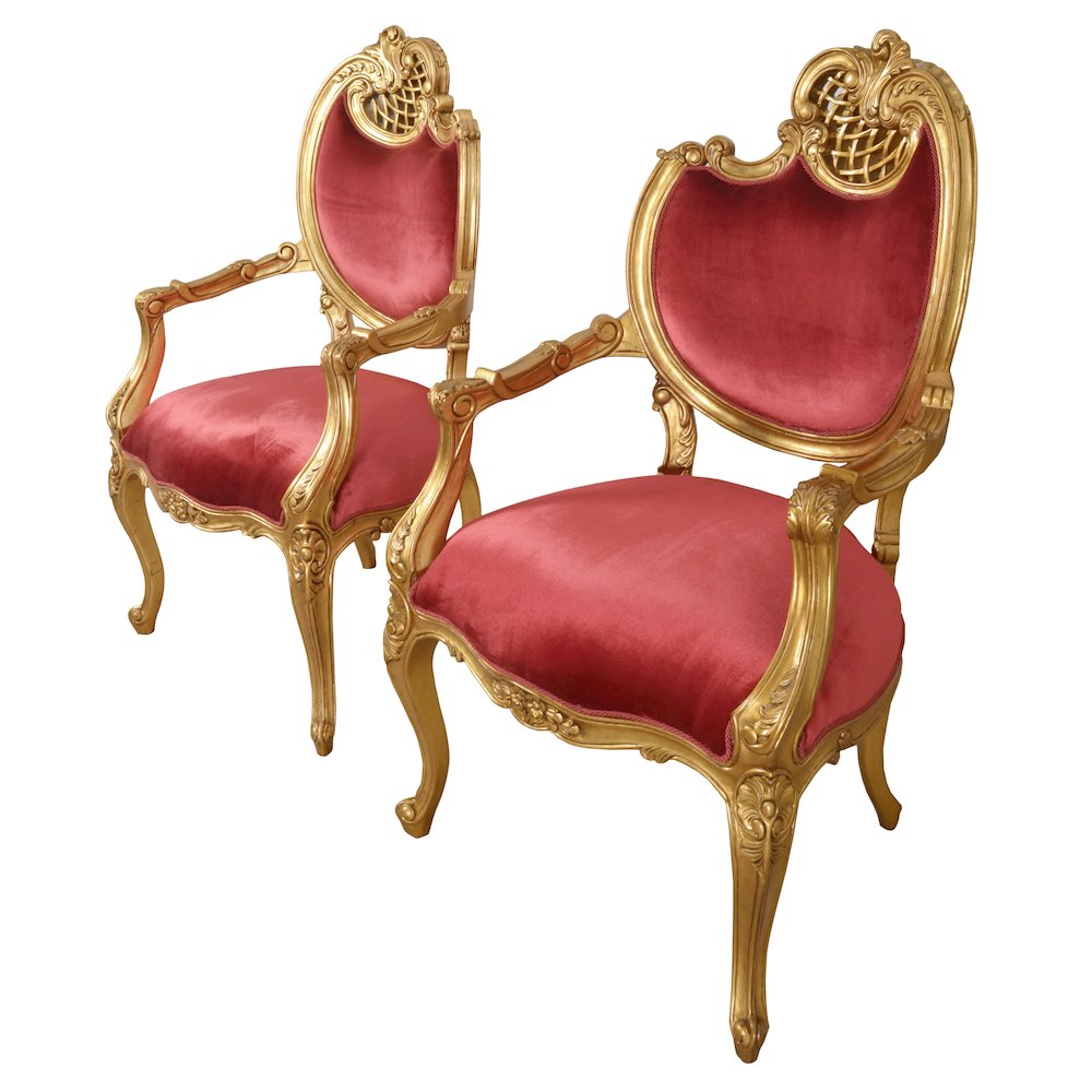 Red Pair of French Rococo Fireside Chairs. Picture 2