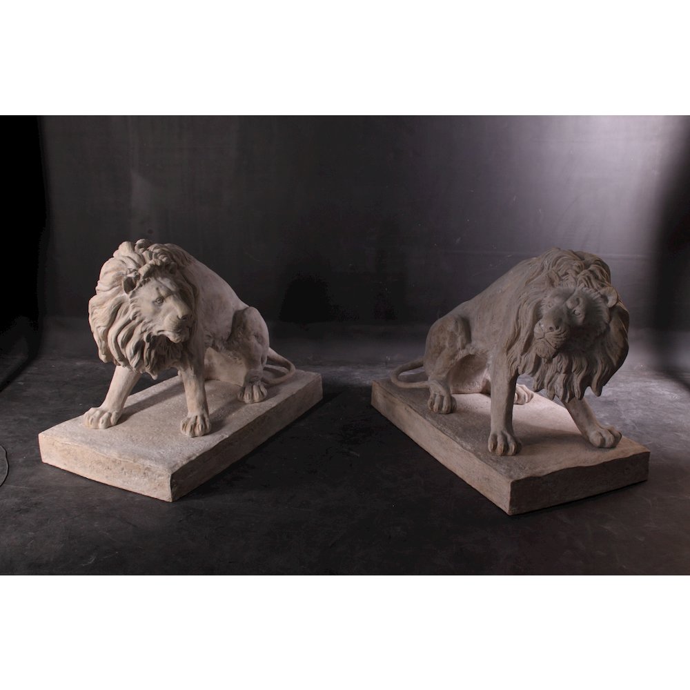 Symmetrical Pair of 39 Inch Entry Lions in Rough Stone. Picture 6