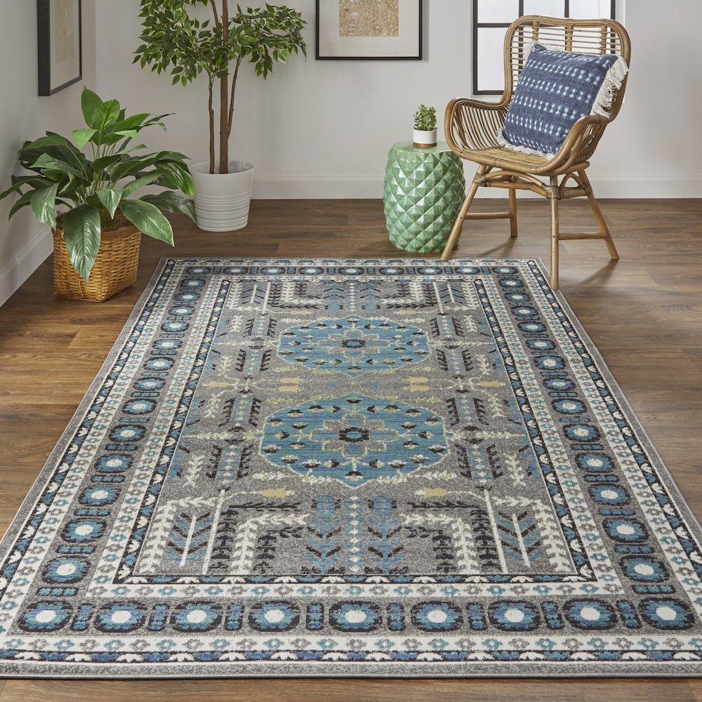 Foster Vinatge Style Kilim Rug, Dark Gray/Capri Blue, 10ft x 13ft-2in Area Rug, FST3754FGRYBLUH13. Picture 2