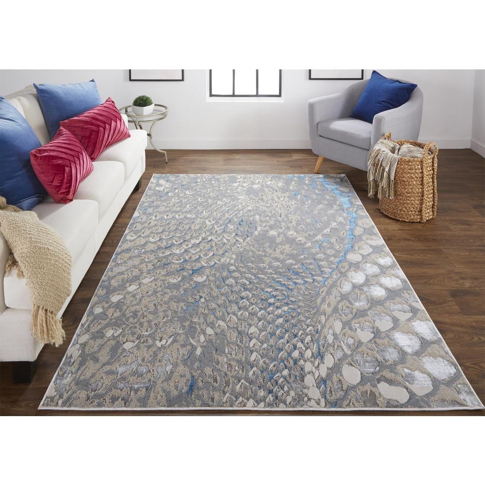 Azure Abstract Feather Rug, Teal/Gray/Silver, 1ft - 8in x 2ft - 10in Accent Rug, AZR3403FBLUSLVP18. Picture 1