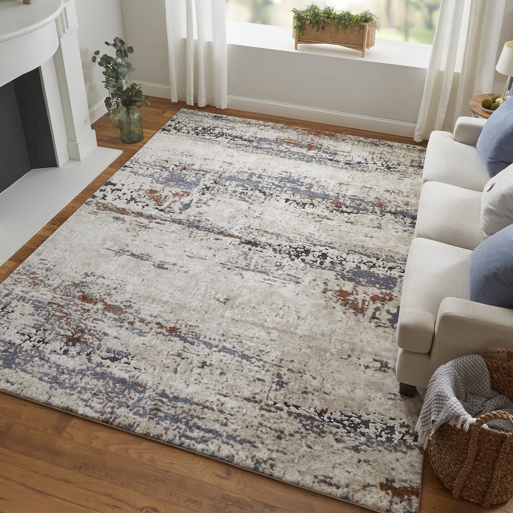 Gilmore Modern Abstract, Ivory/Blue/Gray, 10' x 14' Area Rug. Picture 2