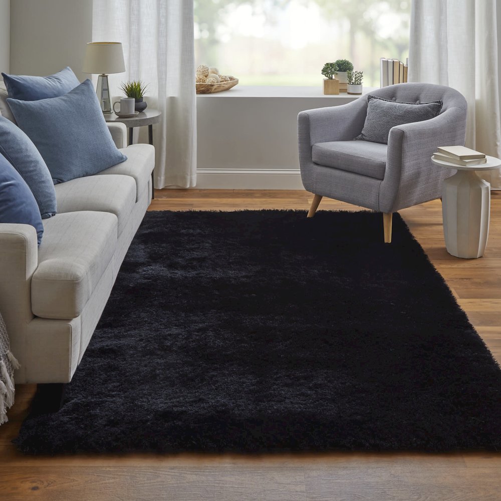 Indochine Plush Shag Rug with Metallic Sheen, Noir Black, 3ft-6in x 5ft-6in, 4944550FBLK000C50. Picture 2