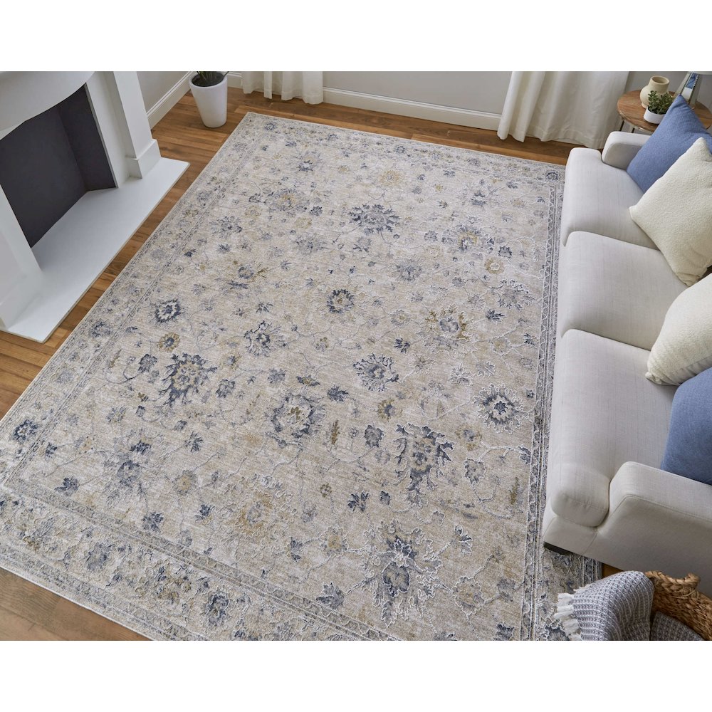Transitional Floral & Botanical, Ivory/Taupe/Blue, 7'-10" x 10'-3" Area Rug. Picture 2