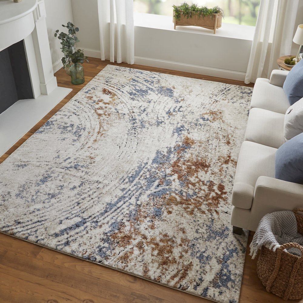 Gilmore Modern Abstract, Ivory/Blue/Orange, 5'-3" x 8' Area Rug. Picture 2