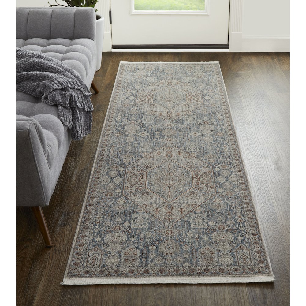 Marquette Transitional Medallion, Blue/Ivory, 2'-8" x 10' Runner. Picture 2