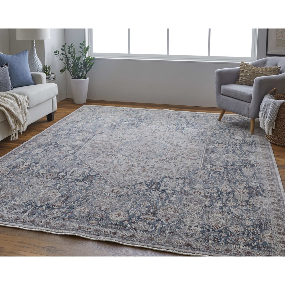 Marquette Transitional Medallion, Blue/Ivory, 5' x 7'-2" Area Rug. Picture 2