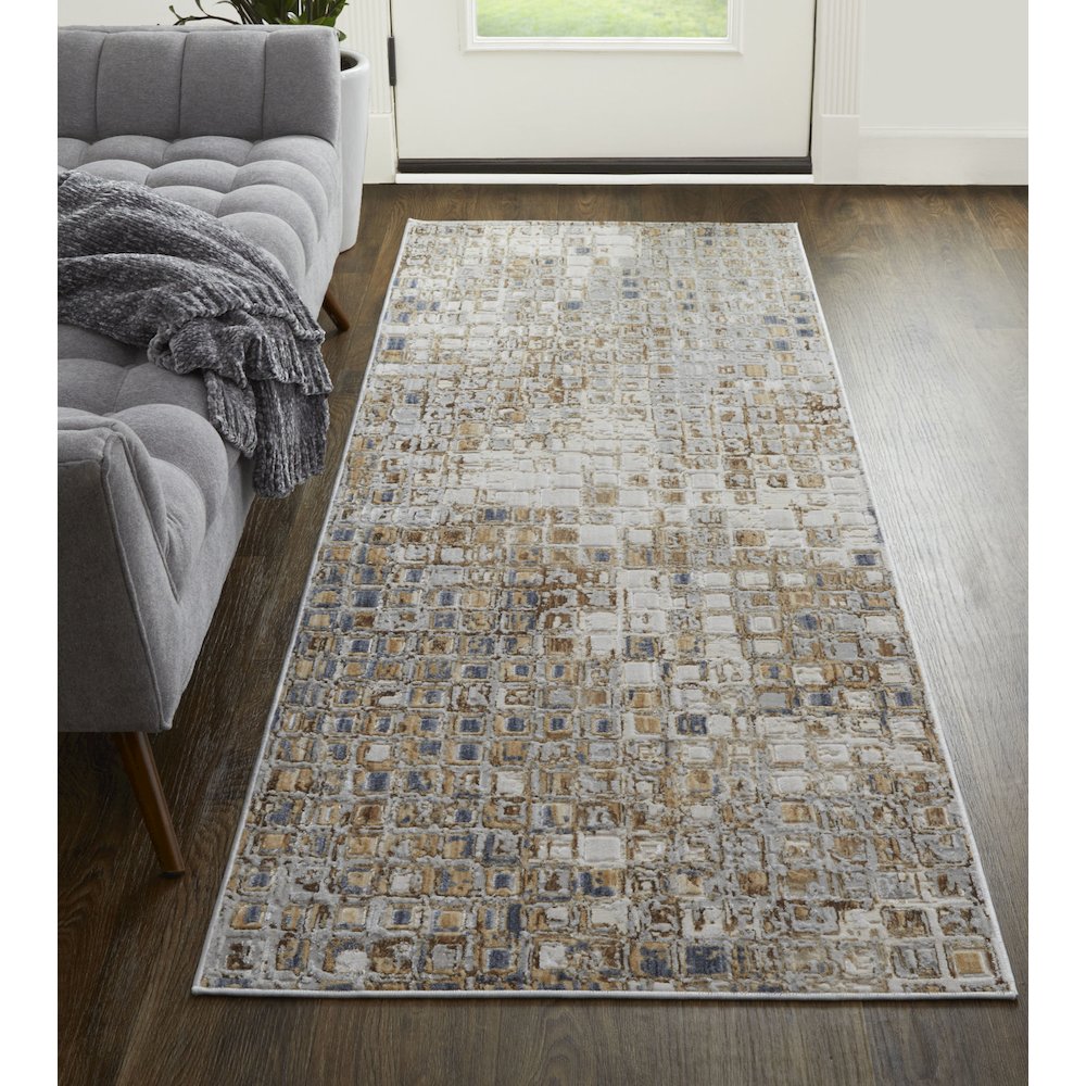 Laina Transitional Geometric, Tan/Ivory/Blue, 3' x 10' Runner. Picture 2