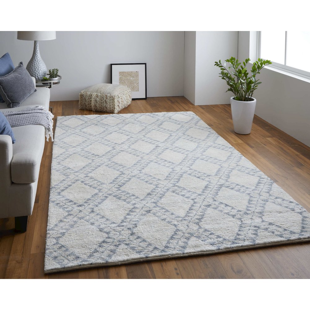 Abytha Diamond Hand Knot Wool Rug, Ivory/Blue/Gray, 5ft-6in x 8ft-6in Area Rug, 7316458FICE000E50. Picture 2