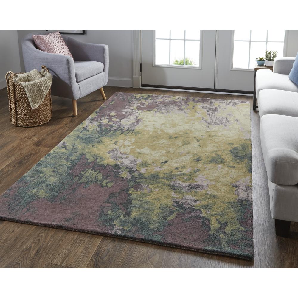 Amira Modern Watercolor Rug, Eggplant/Lodon Green/Gold, 8ft x 10ft Area Rug, AMI8633FPURGRNF00. Picture 1
