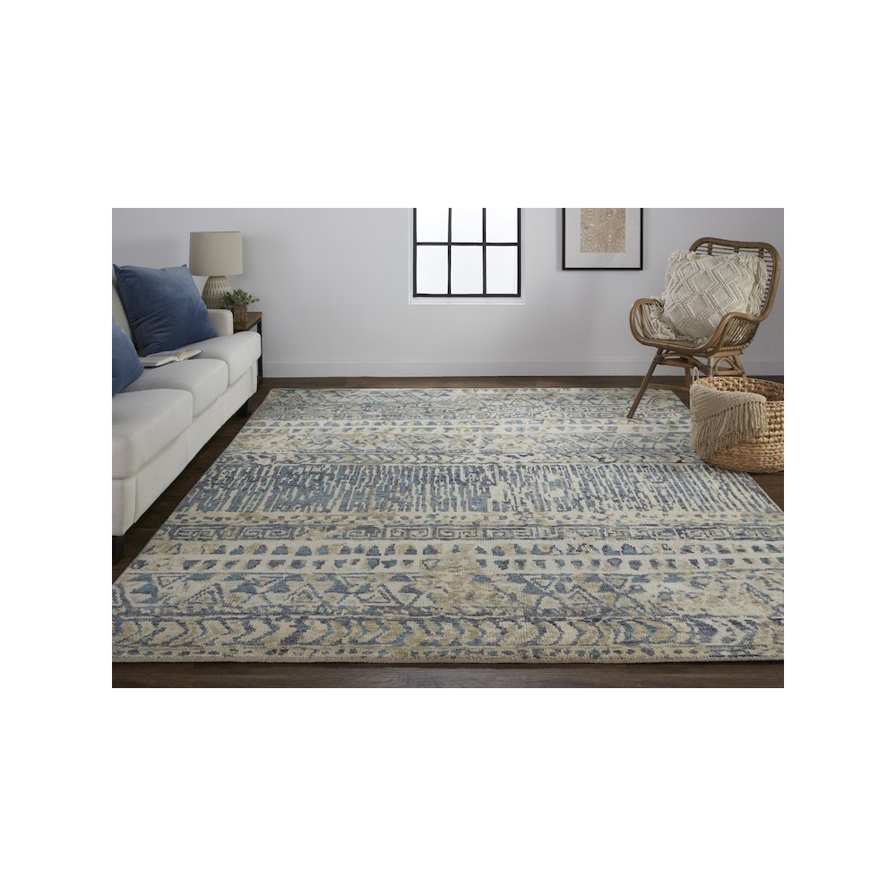 Palomar Luxe Hand Knot Abstract Area Rug, Denim Blue/Beige, 7x9in x 9x9in, PAL6591FBLUBGEF99. Picture 2