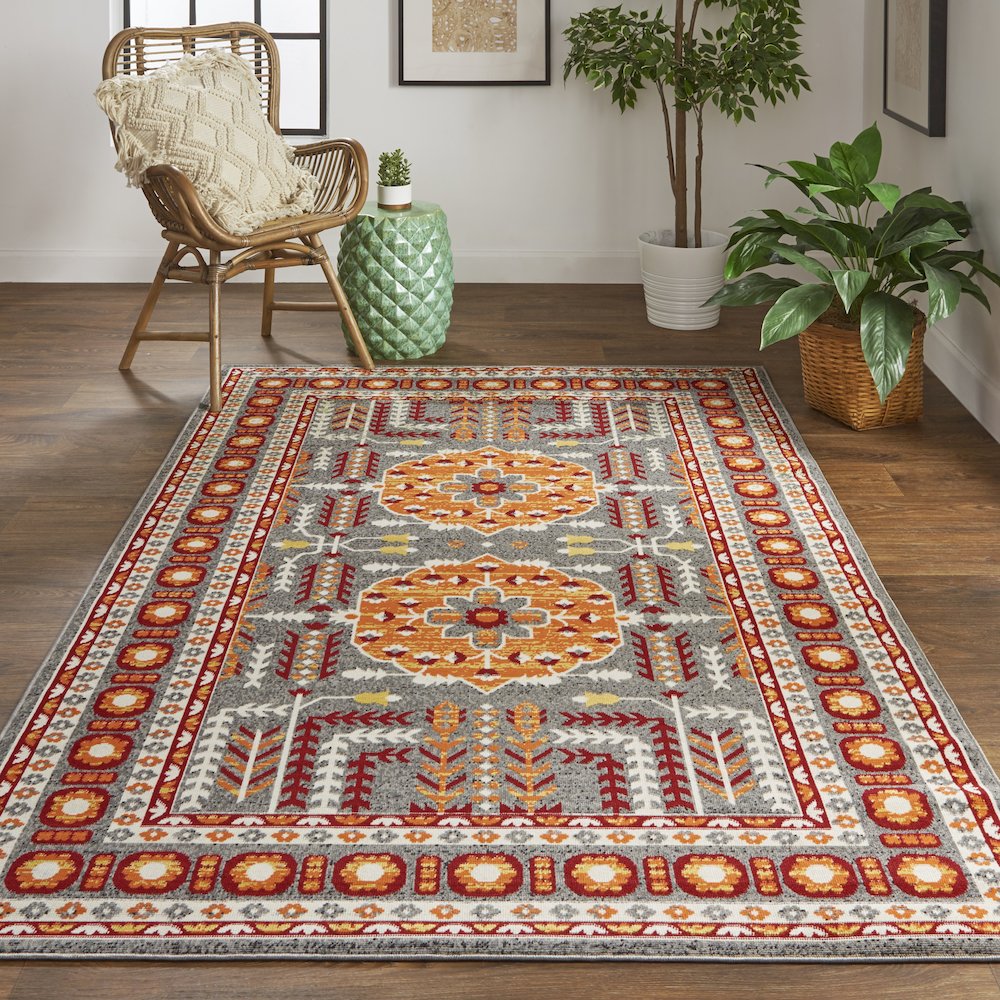 Foster Vinatge Style Kilim, Vermillion Orange/Gray, 10ft x 13ft - 2in Area Rug, FST3754FORNGRYH13. Picture 2