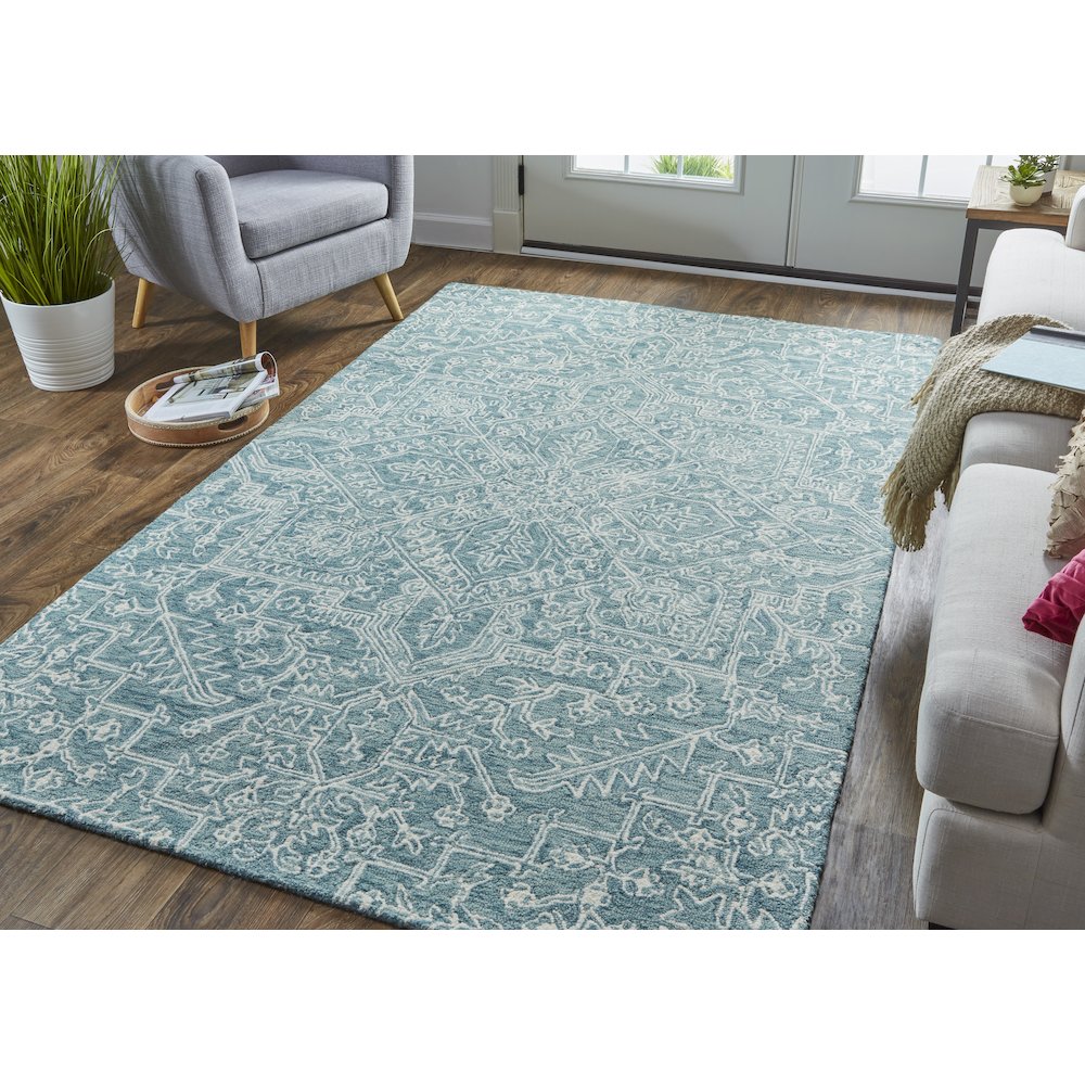 Belfort Transitional Medallion, Blue/Ivory/Green, 10' x 14' Area Rug. Picture 2
