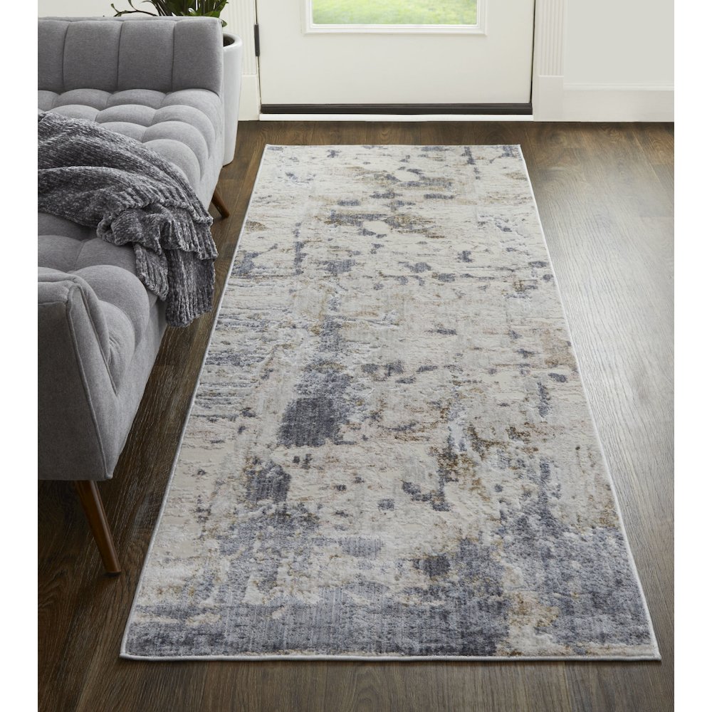 Laina Transitional Abstract, Ivory/Gray/Blue, 3' x 12' Runner. Picture 2