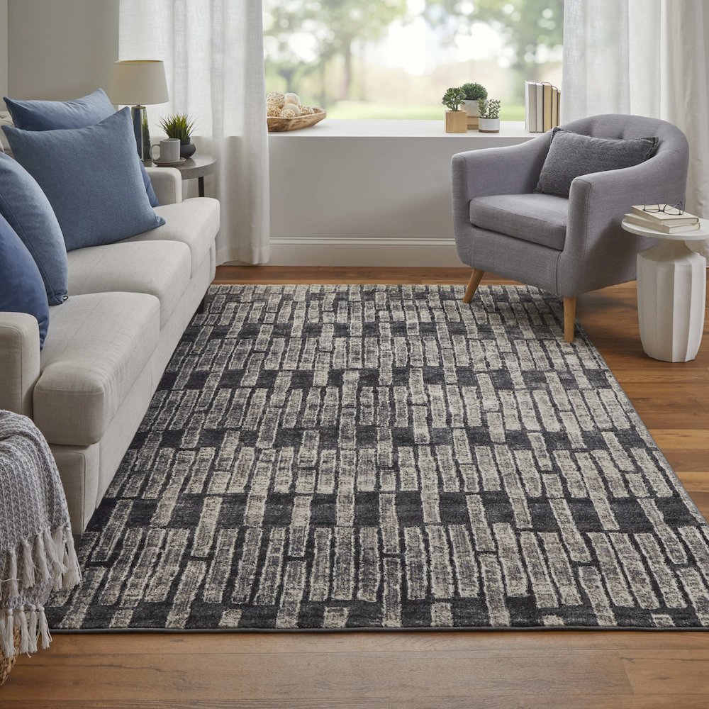 Kano Transitional Geometric, Gray/Black/Ivory, 5'-3" x 7'-6" Area Rug. Picture 2