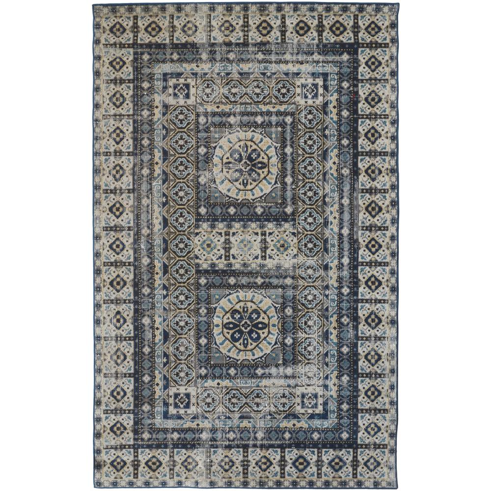Nolan Vinatge Style Tribal Kazak Rug, Blue/Vanilla Beige, 5ft x 8ft, NOL39BYFGRYBLUF11. Picture 2
