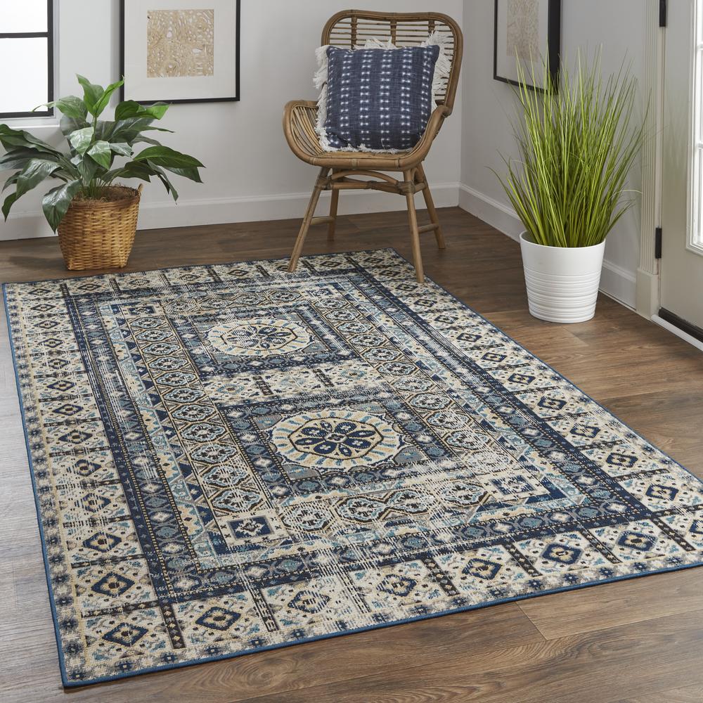 Nolan Vinatge Style Tribal Kazak Rug, Blue/Vanilla Beige, 5ft x 8ft, NOL39BYFGRYBLUF11. Picture 1
