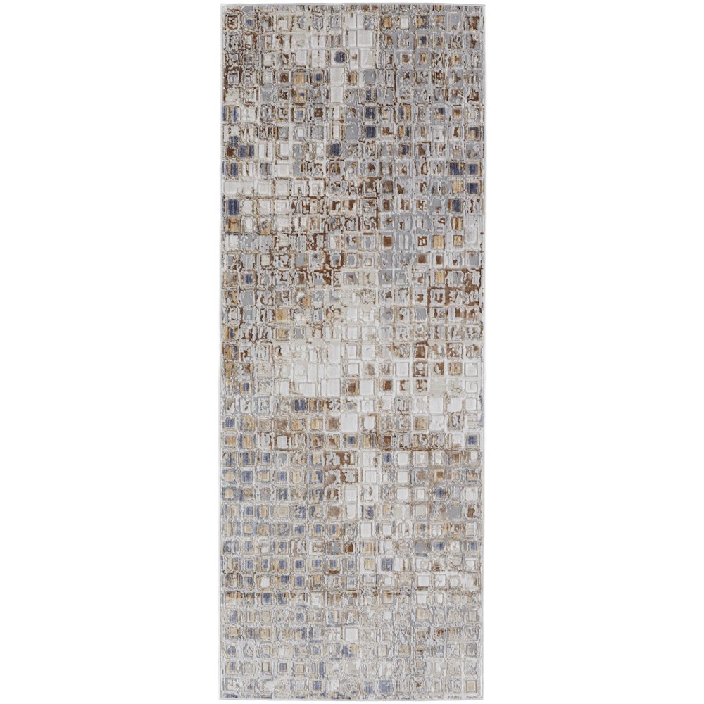 Laina Transitional Geometric, Tan/Ivory/Blue, 3' x 12' Runner. Picture 1