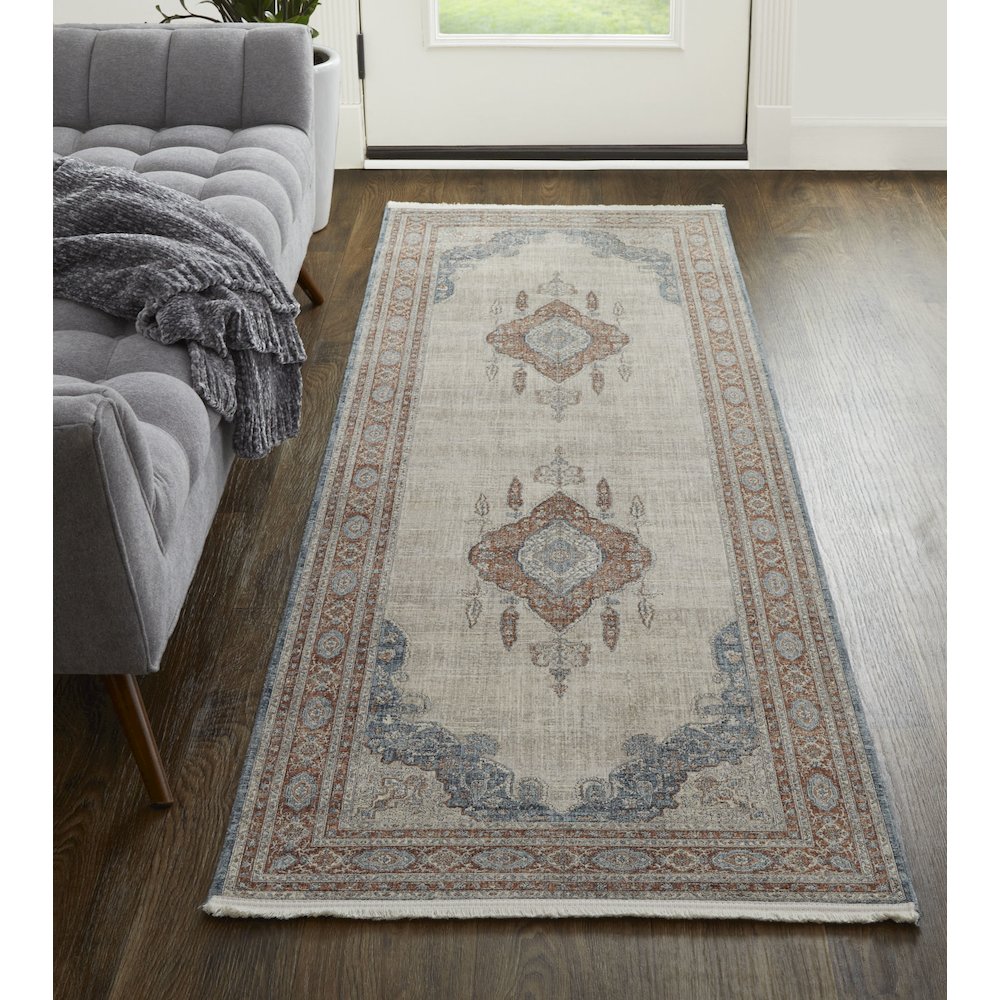 Marquette Transitional Medallion, Gray/Red/Blue, 2'-8" x 12' Runner. Picture 2