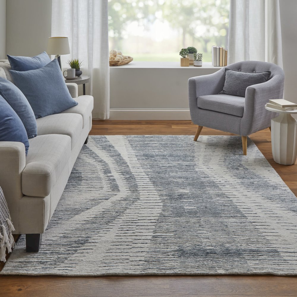 Brighton Modern Abstract, Ivory/Blue/Gray, 3' x 5' Accent Rug. Picture 2