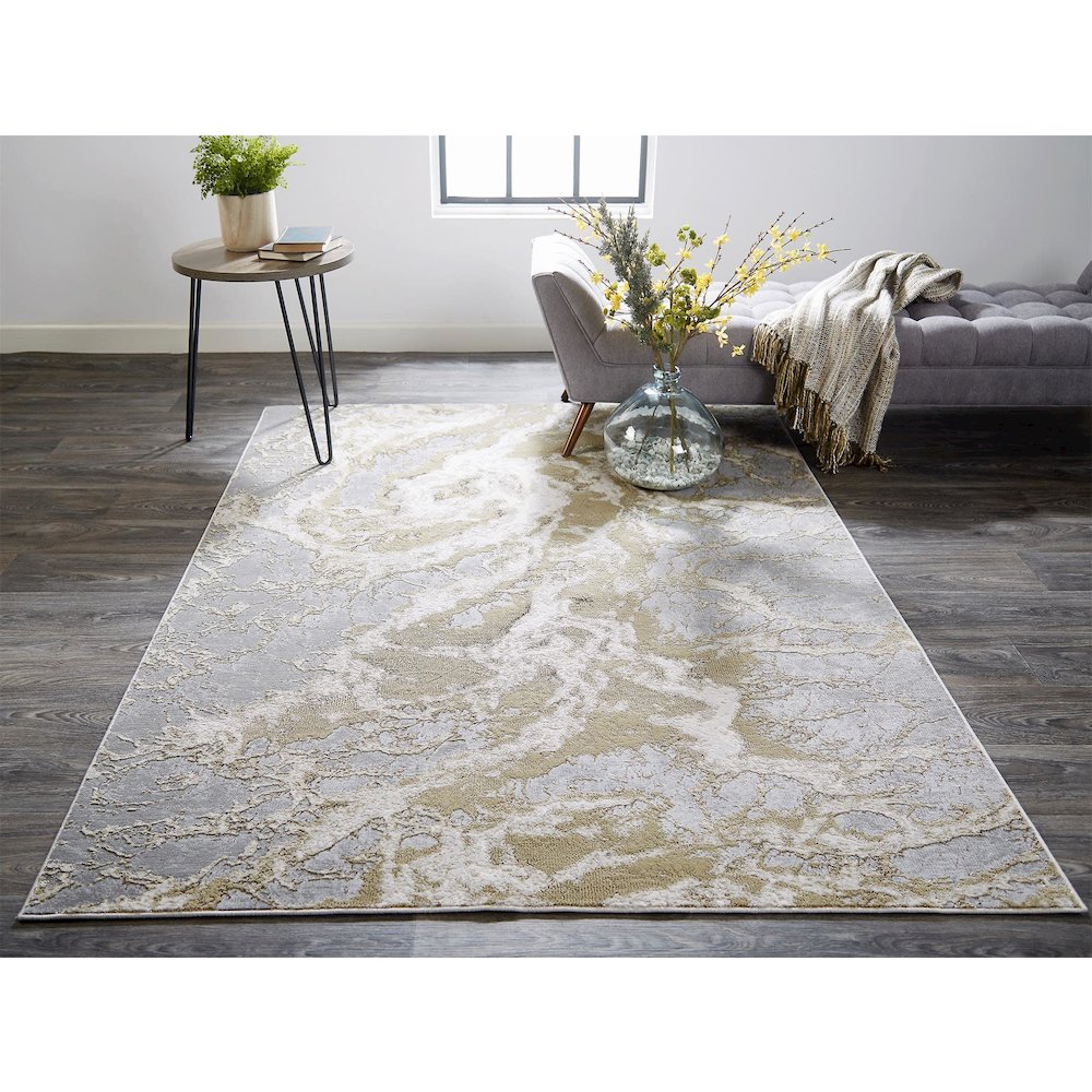 Aura Modern Abstract, Ivory/Silver/Gold, 3'-11" x 6' Accent Rug. Picture 2