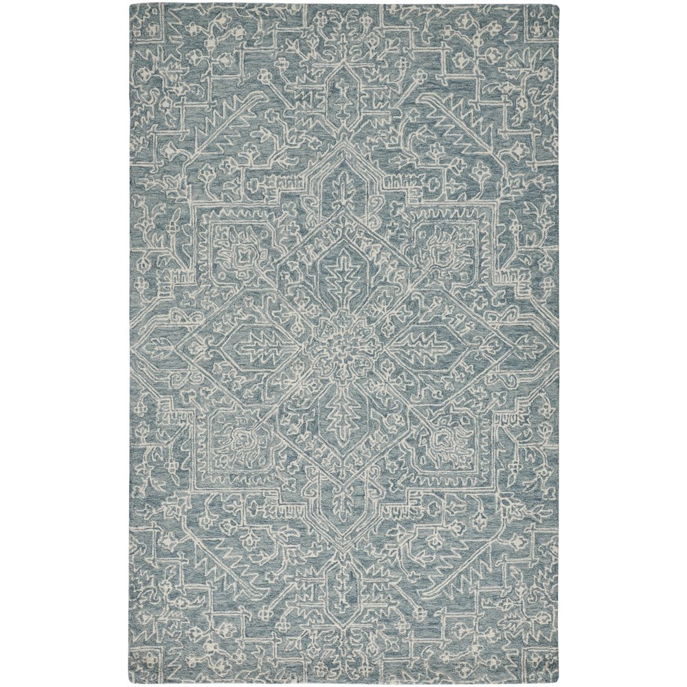Belfort Transitional Medallion, Blue/Ivory/Green, 10' x 14' Area Rug. Picture 1