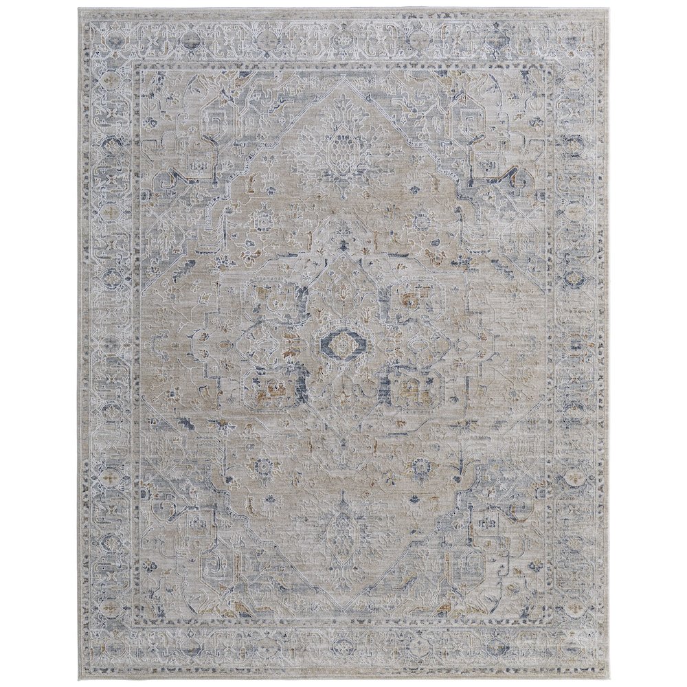 Pasha Transitional Medallion, Ivory/Taupe/Blue, 6'-7" x 9'-6" Area Rug. Picture 1