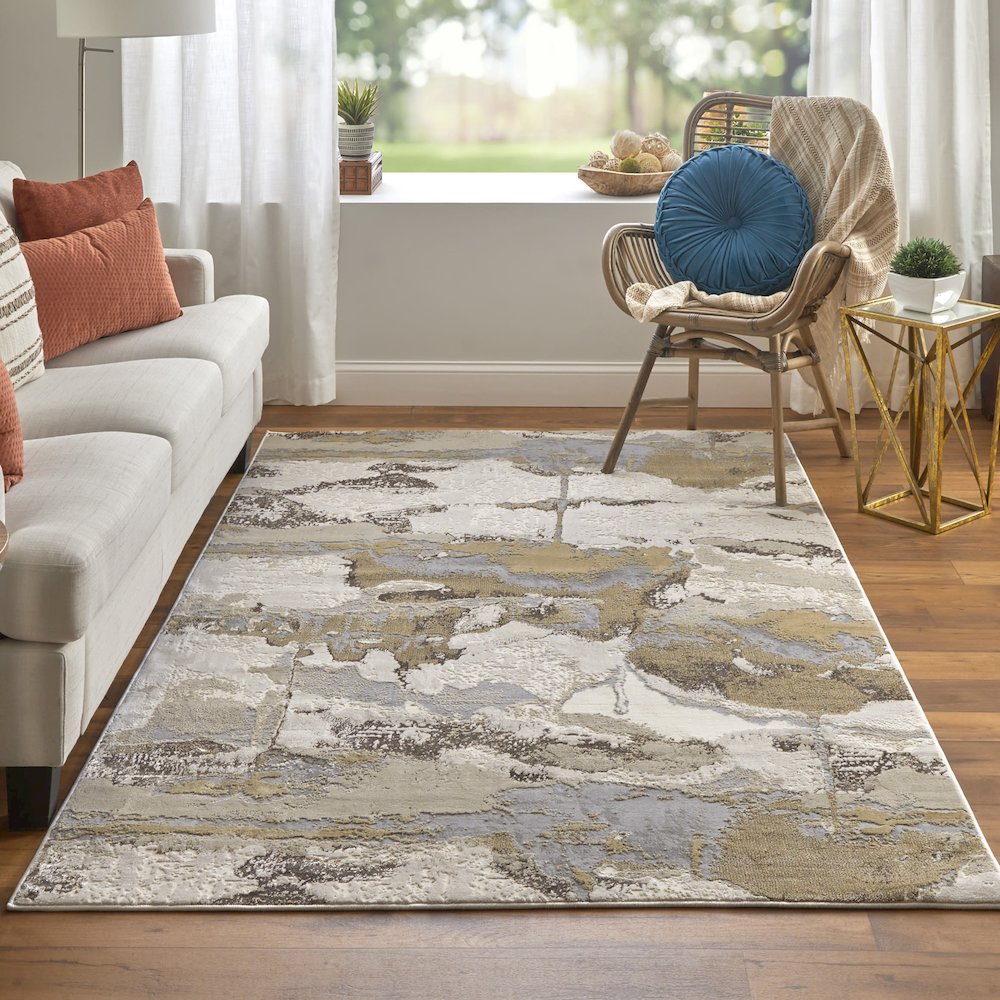 Aura Modern Watercolor, Gray/Ivory/Gold, 3'-11" x 6' Accent Rug. Picture 2