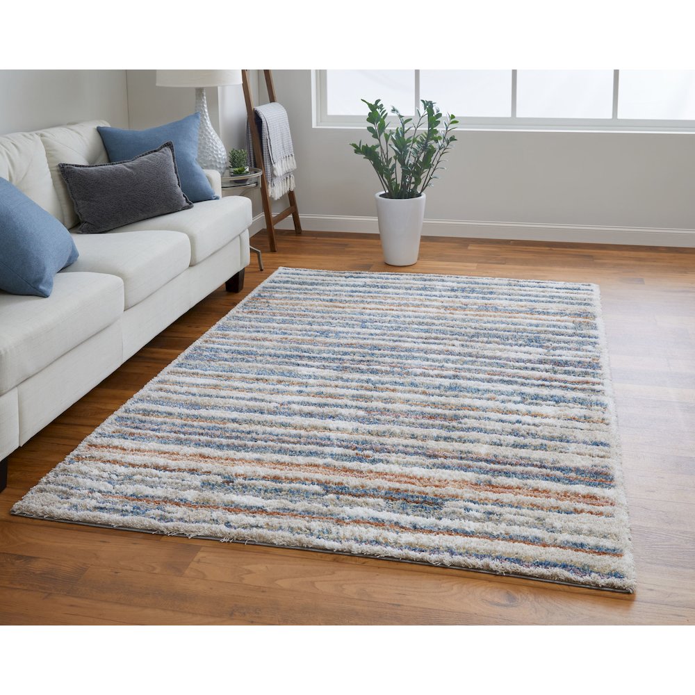 Mynka Transitional Stripes, Ivory/Blue/Orange, 9' x 12' Area Rug. Picture 2