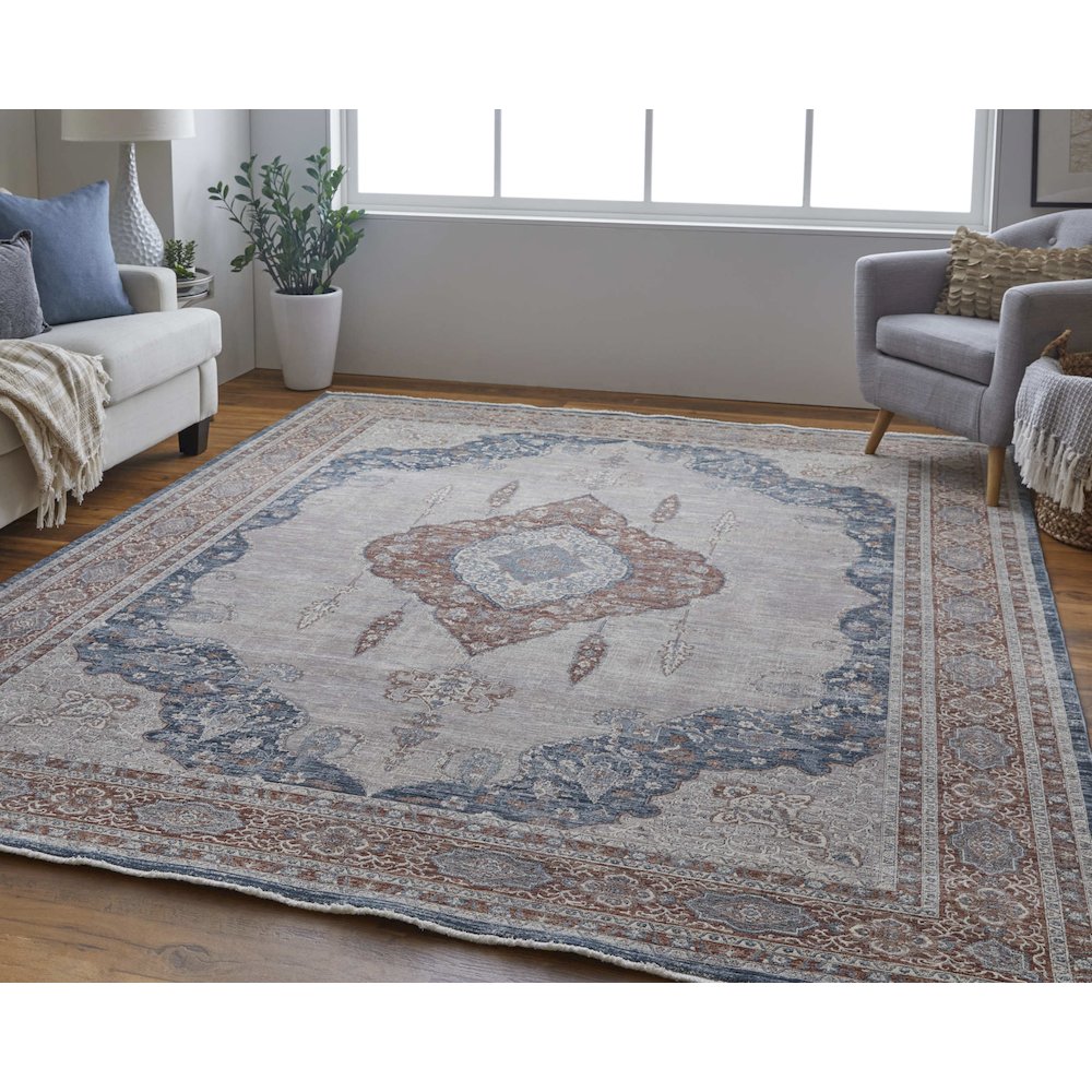 Marquette Transitional Medallion, Gray/Red/Blue, 2' x 3' Accent Rug. Picture 2