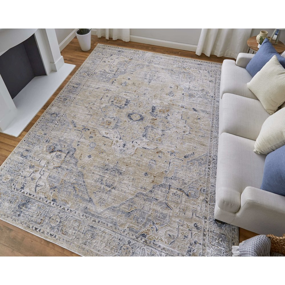 Pasha Transitional Medallion, Ivory/Taupe/Blue, 6'-7" x 9'-6" Area Rug. Picture 2