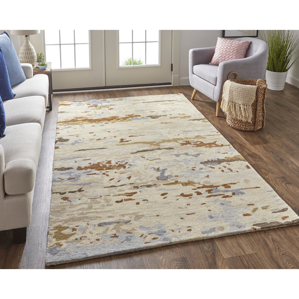 Everley Modern Abstract, Ivory/Blue/Brown, 5' x 8' Area Rug. Picture 2