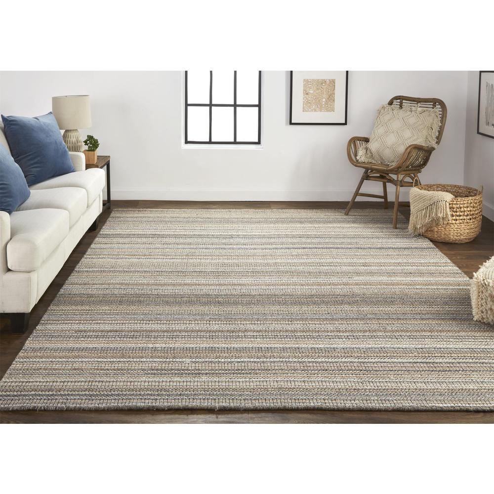 Keaton Handmade Wool Rug, Neutral Stripe, Tan/Silver Gray, 5ft x 8ft Area Rug, KTN8018FBRNMLTE10. Picture 1