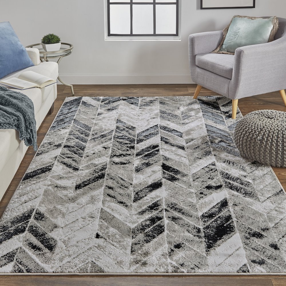Micah Modern Chevron, Black/Gray/Silver, 8' x 10' Area Rug. Picture 2