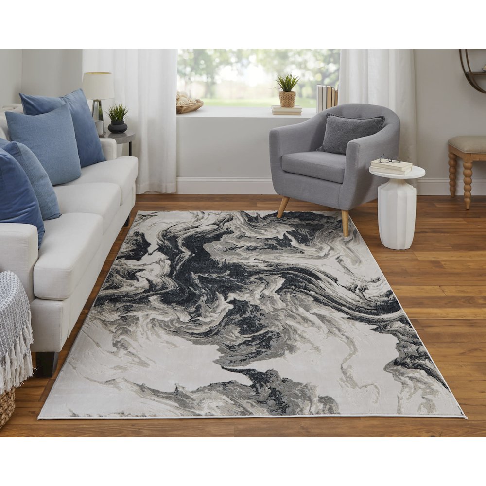 Micah Modern Abstract, Ivory/Black/Taupe, 6'-7" x 9'-6" Area Rug. Picture 2