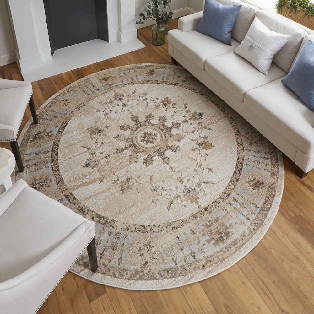Celene Traditional Bordered, Tan/Brown/Gray, 7'-9" x 7'-9" Round Rug. Picture 2