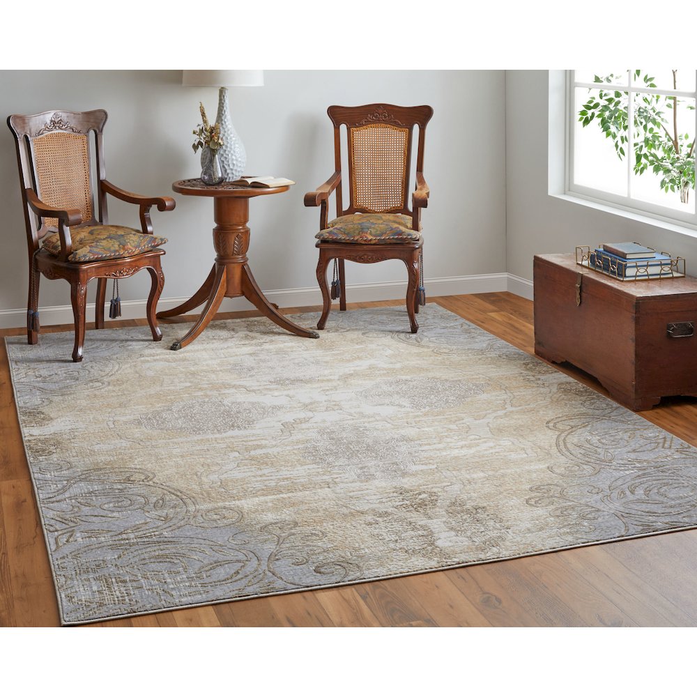 Celene Traditional Medallion, Silver/Tan/Gray, 10' x 14' Area Rug. Picture 2