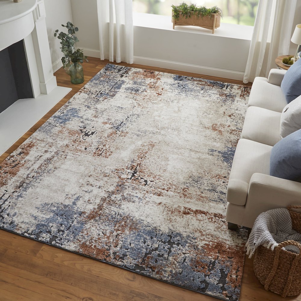 Gilmore Modern Distressed, Ivory/Blue/Taupe, 10' x 14' Area Rug. Picture 2