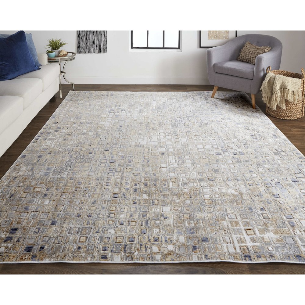 Laina Transitional Geometric, Tan/Ivory/Blue, 3' x 5' Accent Rug. Picture 2