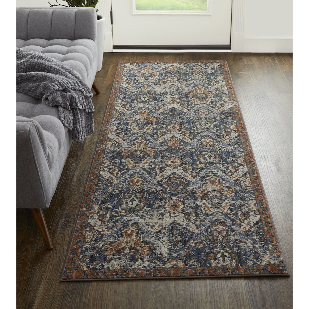 Kaia Transitional Floral & Botanical, Blue/Orange/Ivory, 2'-6" x 10' Runner. Picture 2