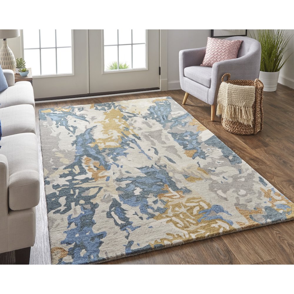 Everley Modern Abstract, Gray/Blue/Gold, 5' x 8' Area Rug. Picture 2