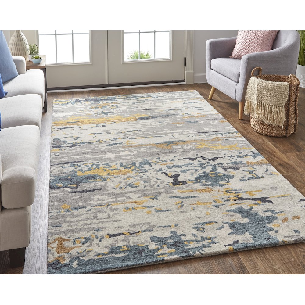 Everley Modern Abstract, Gray/Yellow/Blue, 8' x 10' Area Rug. Picture 2