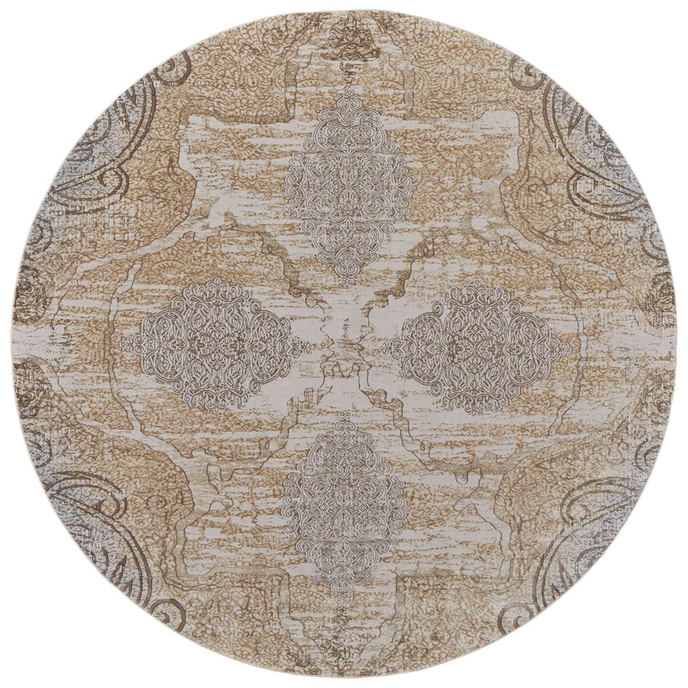 Celene Traditional Medallion, Silver/Tan/Gray, 7'-9" x 7'-9" Round Rug. Picture 1