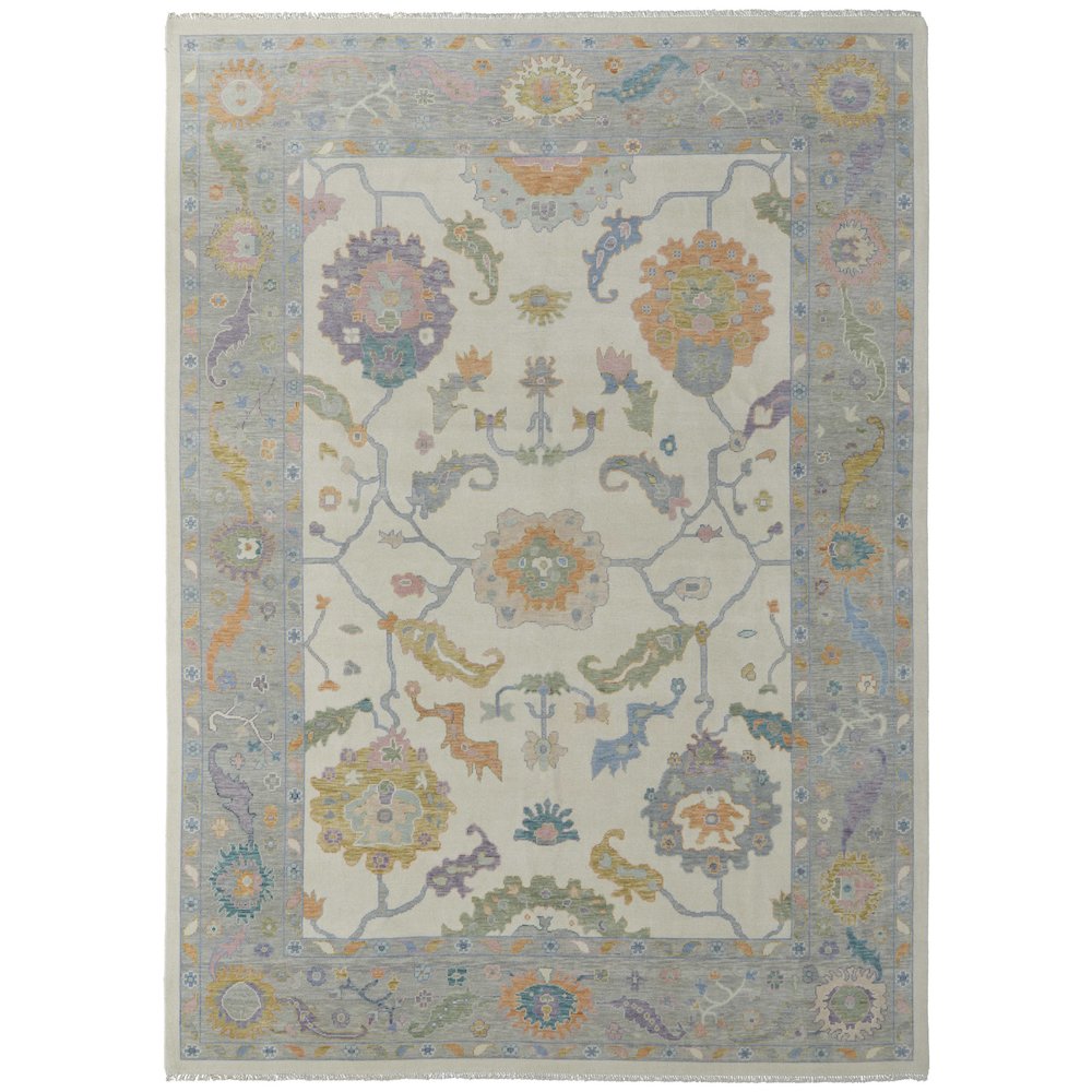 Transitional Floral & Botanical, Ivory/Orange/Blue, 9'-6" x 13'-6" Area Rug. Picture 1